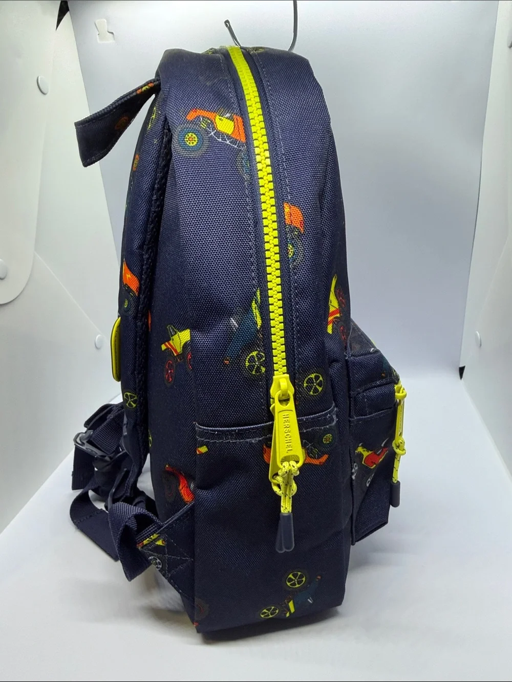Navy Kids Backpack with Neon Yellow Accent and Racecar Print